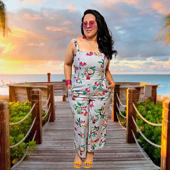 Amanda's Place Floral Sleeveless Jumpsuit Wide Leg Tropical Fruit Romper Dress - Picture 3 of 13